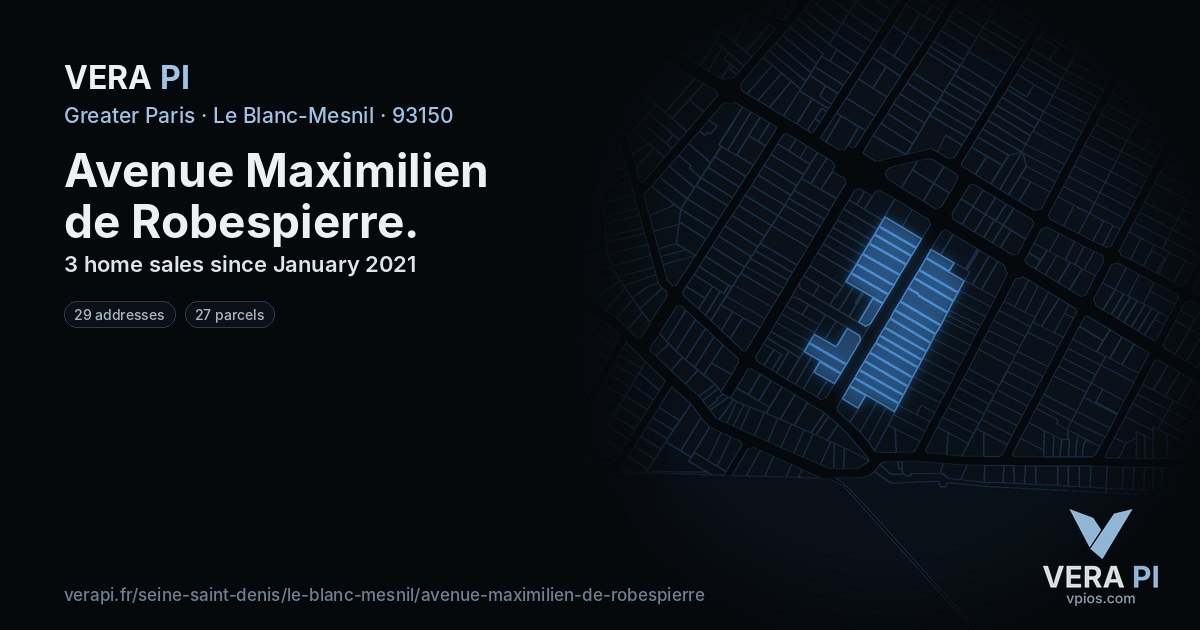 Avenue Maximilien de Robespierre, Le Blanc-Mesnil at night – every parcel coloured by the prices around it, the street's own parcels lit