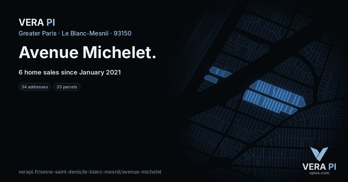 Avenue Michelet, Le Blanc-Mesnil at night – every parcel coloured by the prices around it, the street's own parcels lit