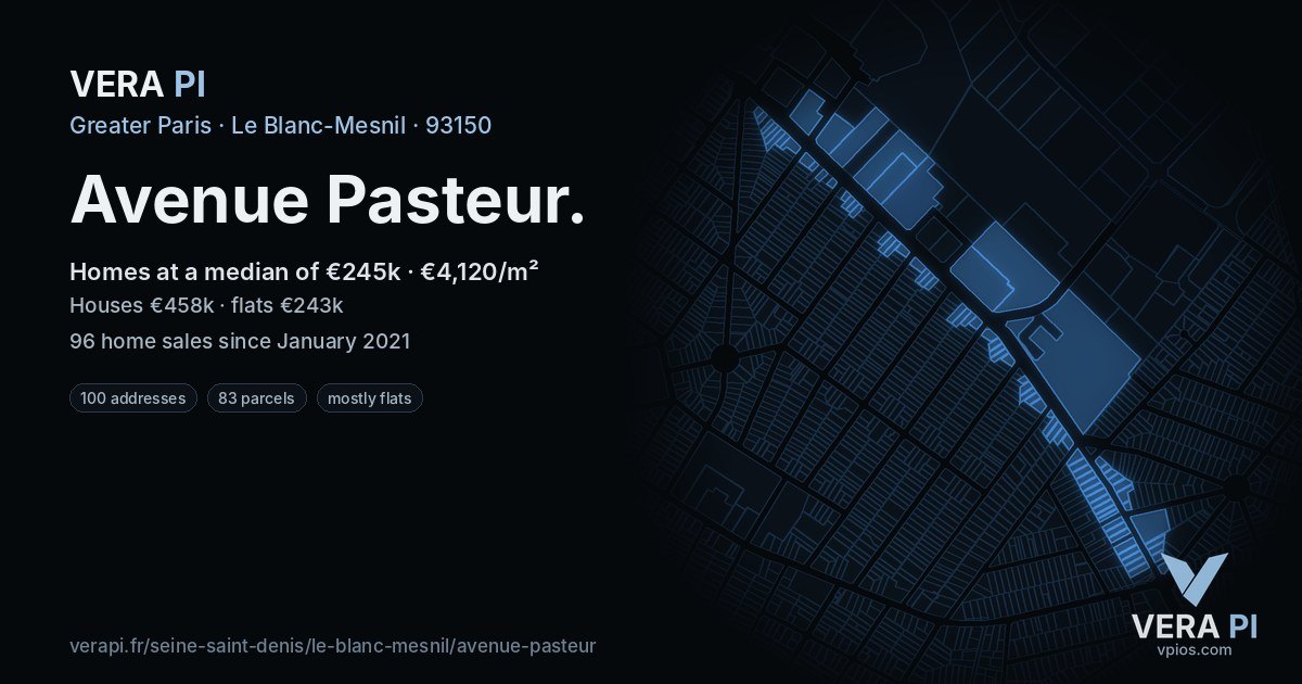 Avenue Pasteur, Le Blanc-Mesnil at night – every parcel coloured by the prices around it, the street's own parcels lit