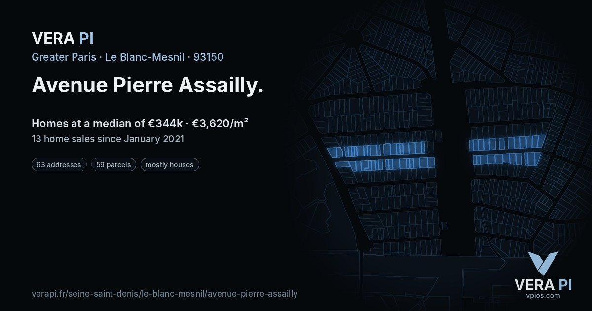 Avenue Pierre Assailly, Le Blanc-Mesnil at night – every parcel coloured by the prices around it, the street's own parcels lit