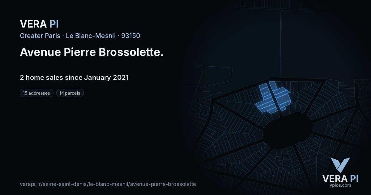 Avenue Pierre Brossolette, Le Blanc-Mesnil at night – every parcel coloured by the prices around it, the street's own parcels lit