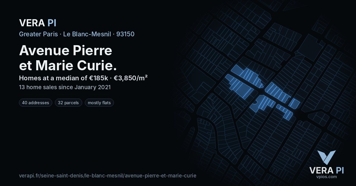 Avenue Pierre et Marie Curie, Le Blanc-Mesnil at night – every parcel coloured by the prices around it, the street's own parcels lit