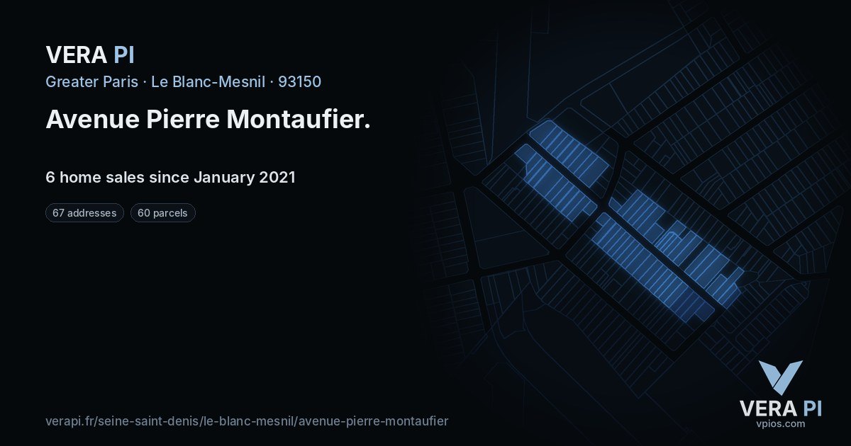 Avenue Pierre Montaufier, Le Blanc-Mesnil at night – every parcel coloured by the prices around it, the street's own parcels lit