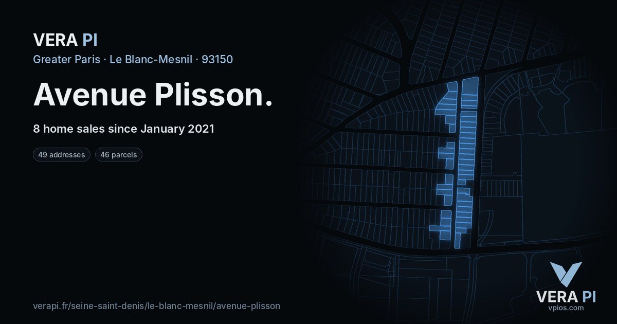 Avenue Plisson, Le Blanc-Mesnil at night – every parcel coloured by the prices around it, the street's own parcels lit
