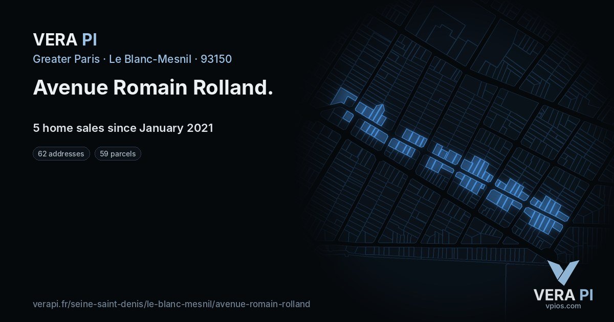 Avenue Romain Rolland, Le Blanc-Mesnil at night – every parcel coloured by the prices around it, the street's own parcels lit