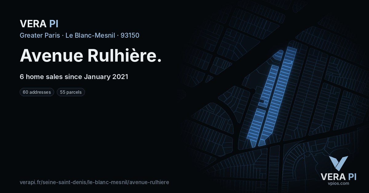 Avenue Rulhière, Le Blanc-Mesnil at night – every parcel coloured by the prices around it, the street's own parcels lit