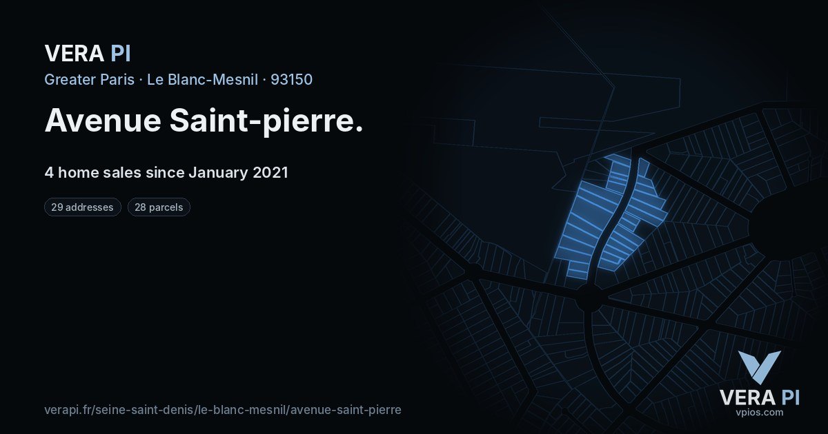 Avenue Saint-pierre, Le Blanc-Mesnil at night – every parcel coloured by the prices around it, the street's own parcels lit