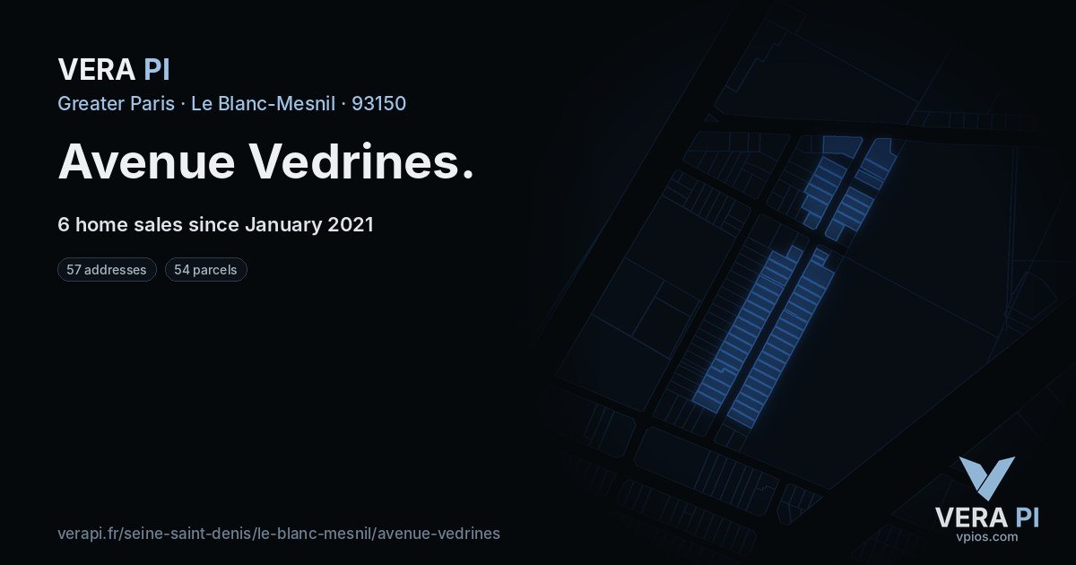 Avenue Vedrines, Le Blanc-Mesnil at night – every parcel coloured by the prices around it, the street's own parcels lit