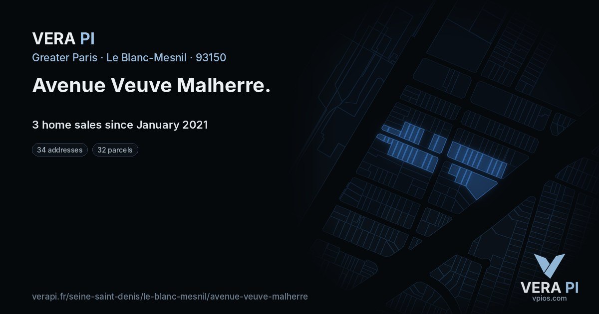 Avenue Veuve Malherre, Le Blanc-Mesnil at night – every parcel coloured by the prices around it, the street's own parcels lit