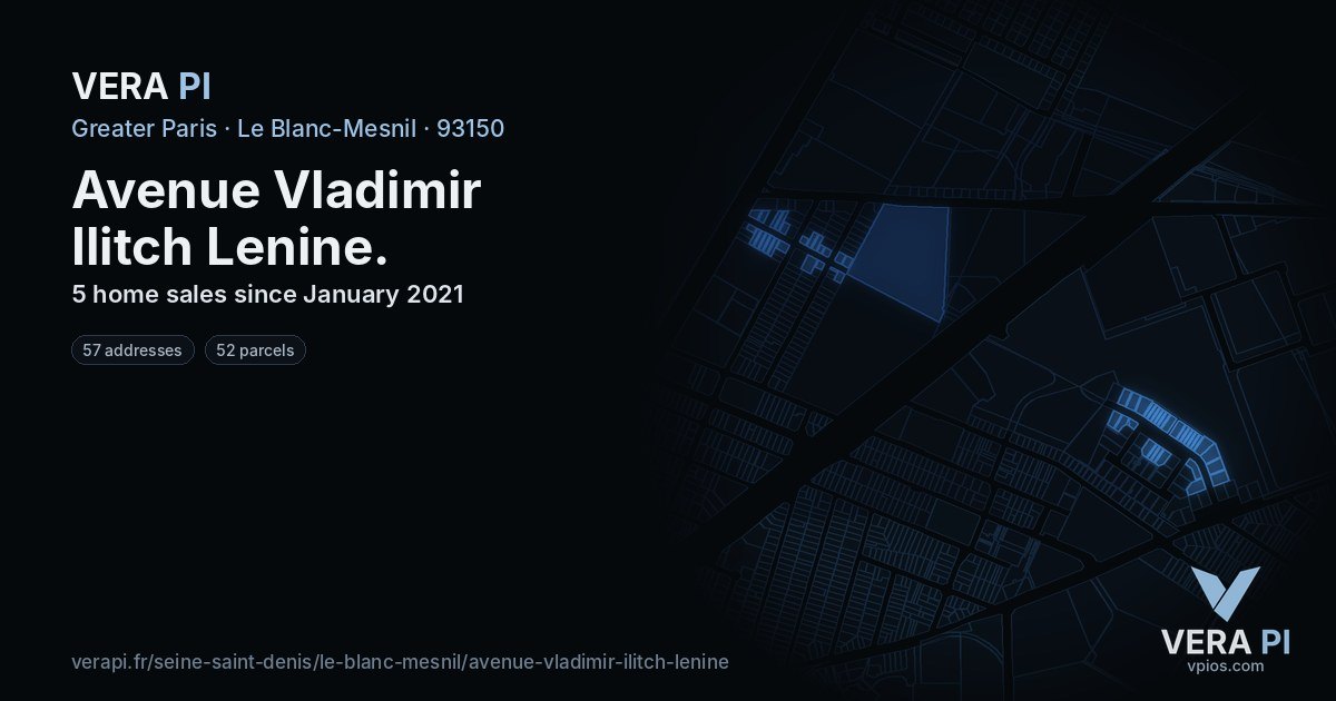 Avenue Vladimir Ilitch Lenine, Le Blanc-Mesnil at night – every parcel coloured by the prices around it, the street's own parcels lit