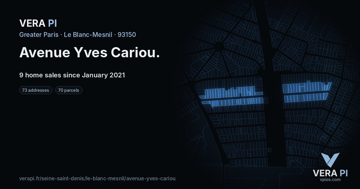 Avenue Yves Cariou, Le Blanc-Mesnil at night – every parcel coloured by the prices around it, the street's own parcels lit