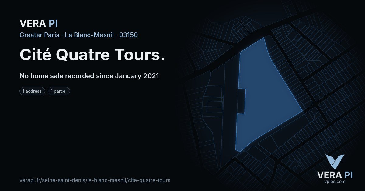 Cité Quatre Tours, Le Blanc-Mesnil at night – every parcel coloured by the prices around it, the street's own parcels lit