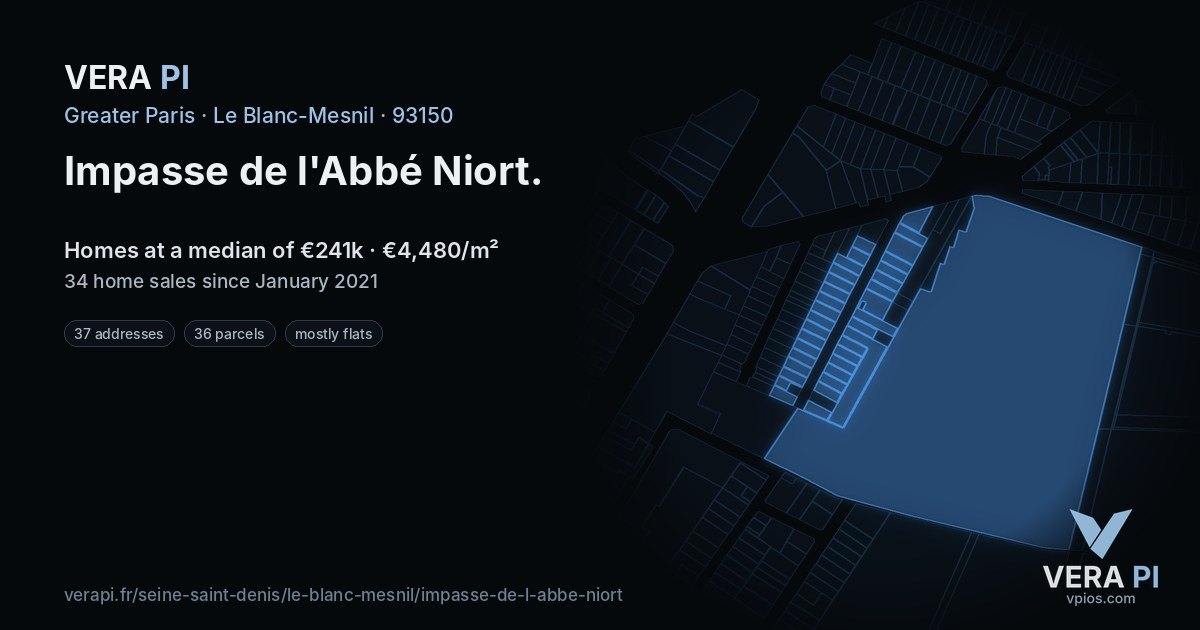 Impasse de l'Abbé Niort, Le Blanc-Mesnil at night – every parcel coloured by the prices around it, the street's own parcels lit