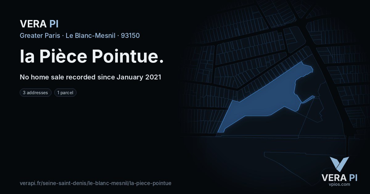 la Pièce Pointue, Le Blanc-Mesnil at night – every parcel coloured by the prices around it, the street's own parcels lit