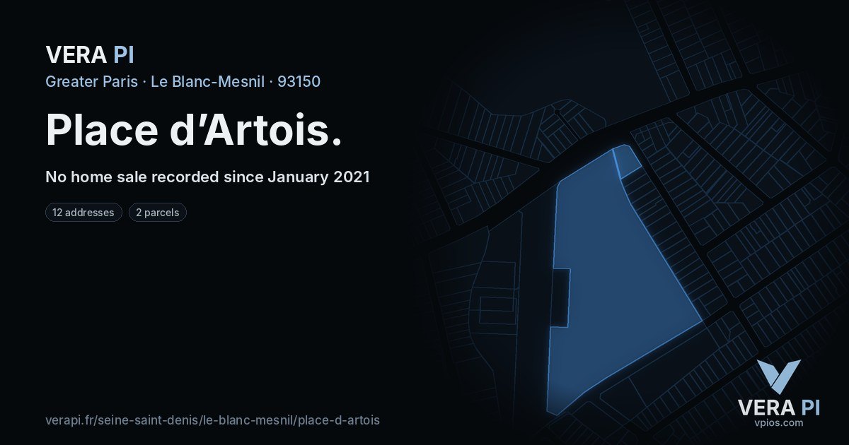 Place d’Artois, Le Blanc-Mesnil at night – every parcel coloured by the prices around it, the street's own parcels lit