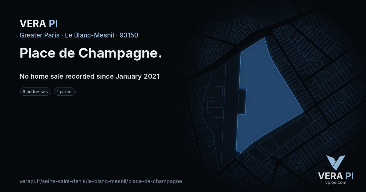 Place de Champagne, Le Blanc-Mesnil at night – every parcel coloured by the prices around it, the street's own parcels lit