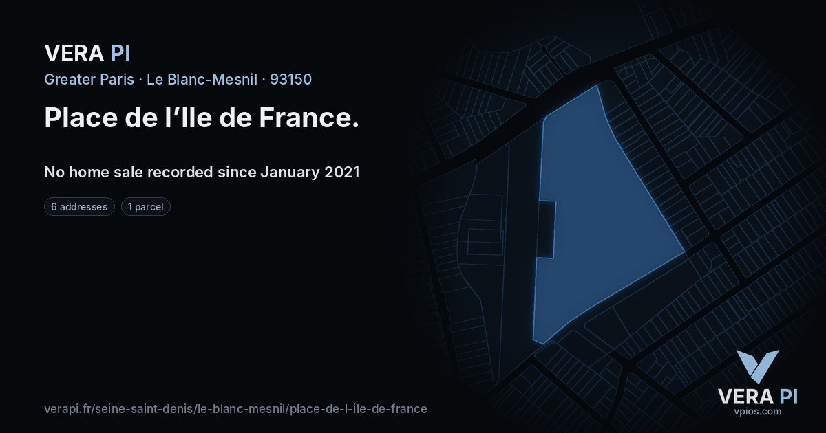 Place de l’Ile de France, Le Blanc-Mesnil at night – every parcel coloured by the prices around it, the street's own parcels lit