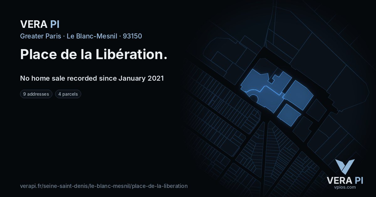 Place de la Libération, Le Blanc-Mesnil at night – every parcel coloured by the prices around it, the street's own parcels lit