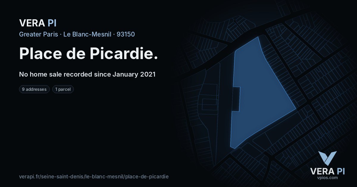 Place de Picardie, Le Blanc-Mesnil at night – every parcel coloured by the prices around it, the street's own parcels lit