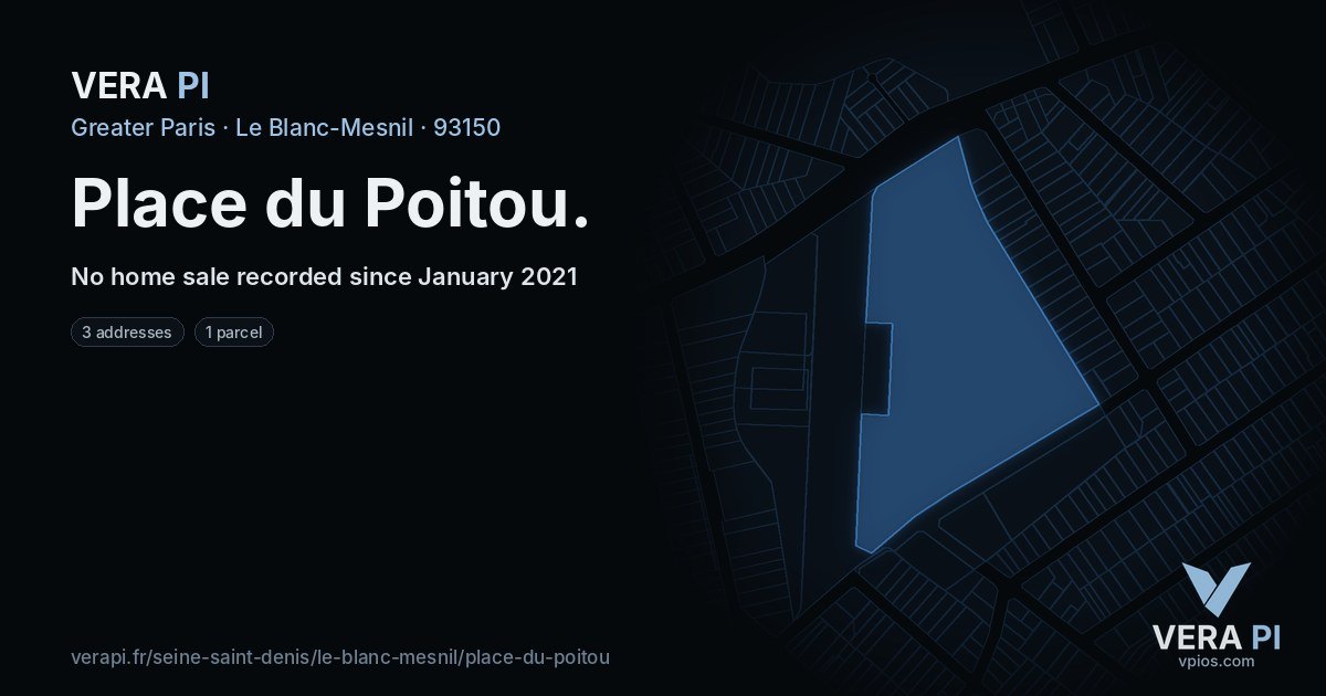 Place du Poitou, Le Blanc-Mesnil at night – every parcel coloured by the prices around it, the street's own parcels lit