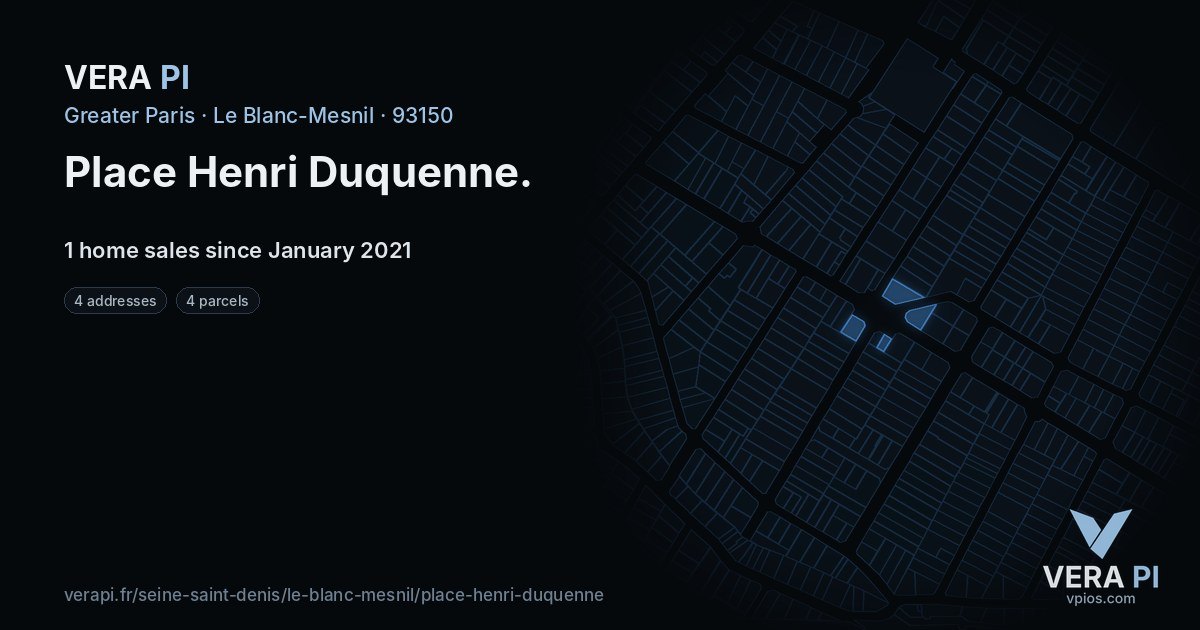Place Henri Duquenne, Le Blanc-Mesnil at night – every parcel coloured by the prices around it, the street's own parcels lit