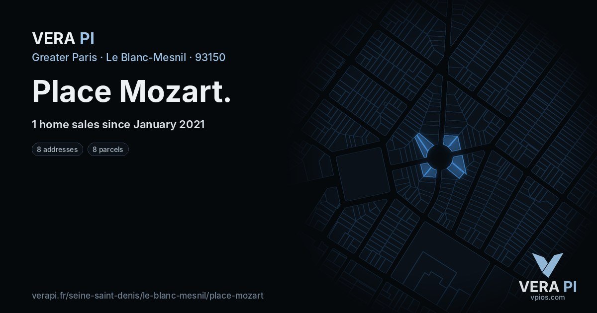 Place Mozart, Le Blanc-Mesnil at night – every parcel coloured by the prices around it, the street's own parcels lit