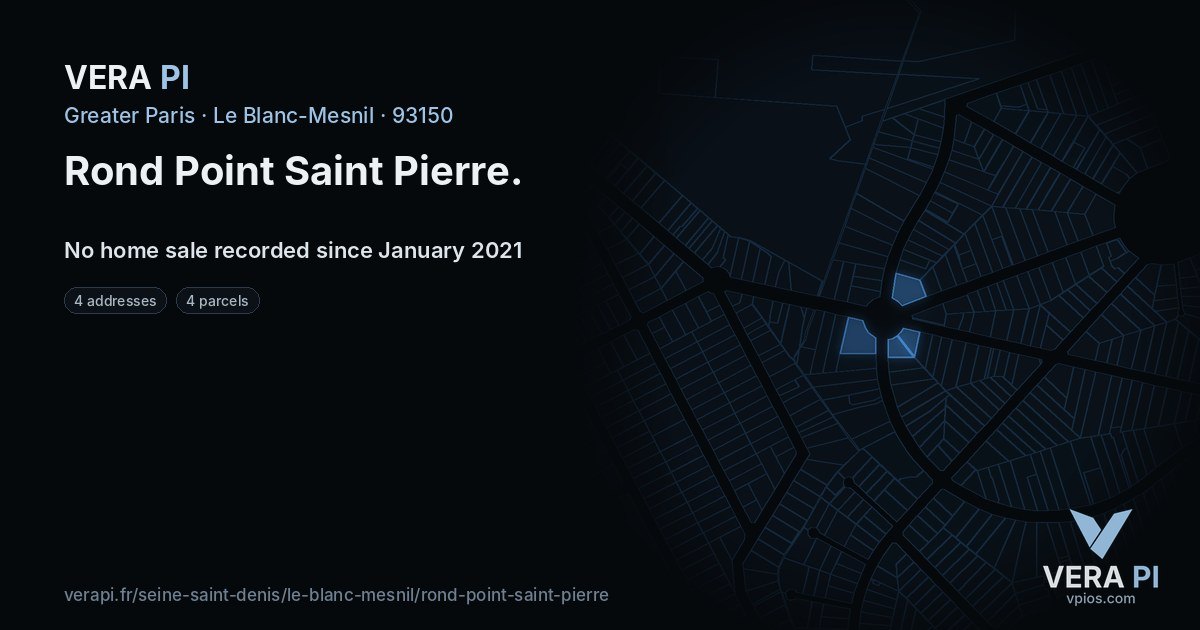 Rond Point Saint Pierre, Le Blanc-Mesnil at night – every parcel coloured by the prices around it, the street's own parcels lit