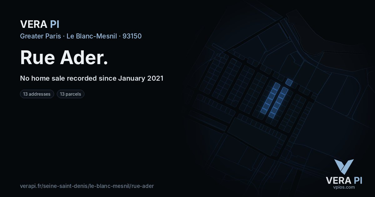 Rue Ader, Le Blanc-Mesnil at night – every parcel coloured by the prices around it, the street's own parcels lit