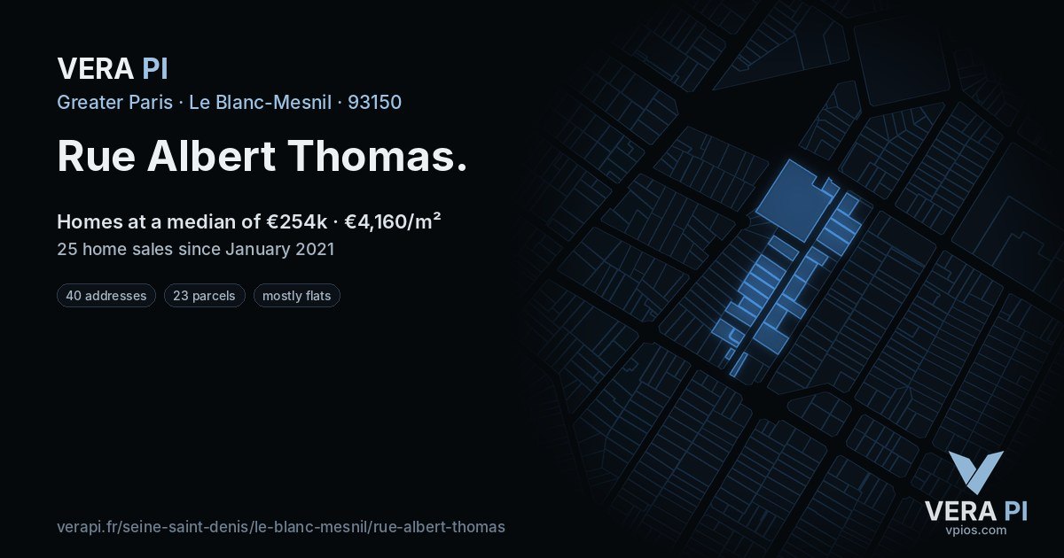 Rue Albert Thomas, Le Blanc-Mesnil at night – every parcel coloured by the prices around it, the street's own parcels lit