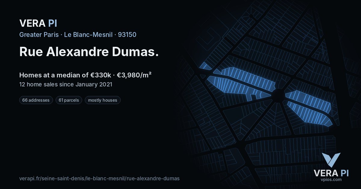 Rue Alexandre Dumas, Le Blanc-Mesnil at night – every parcel coloured by the prices around it, the street's own parcels lit