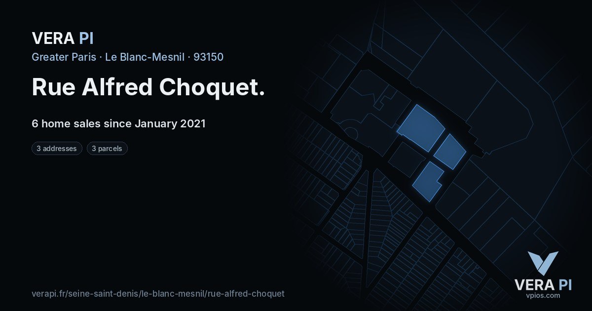 Rue Alfred Choquet, Le Blanc-Mesnil at night – every parcel coloured by the prices around it, the street's own parcels lit