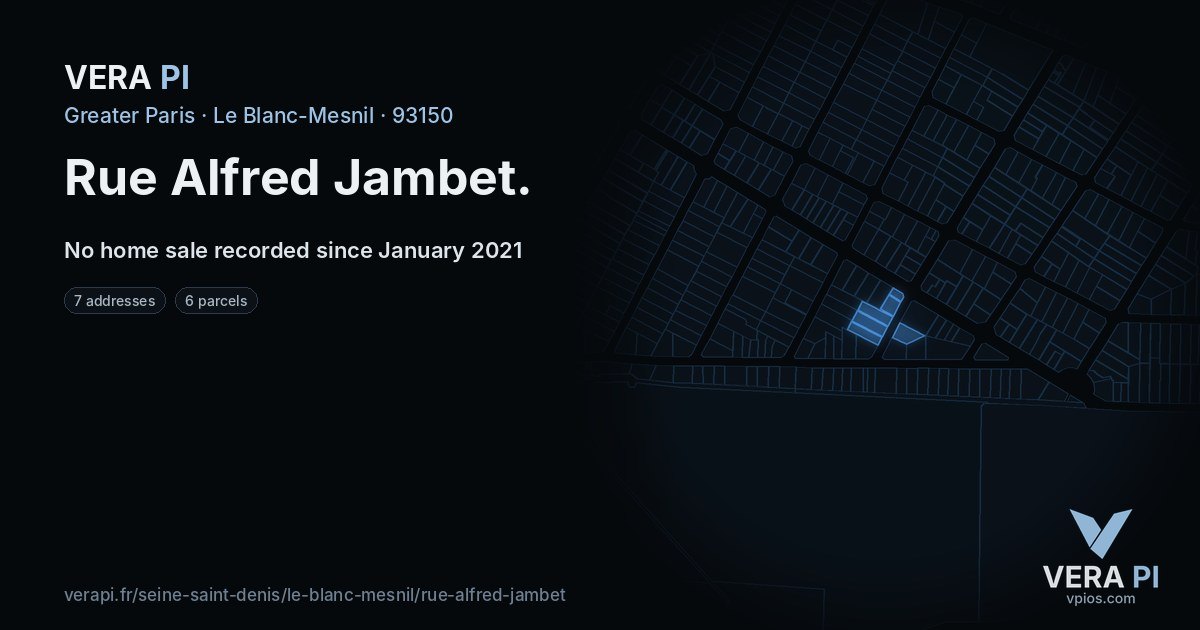 Rue Alfred Jambet, Le Blanc-Mesnil at night – every parcel coloured by the prices around it, the street's own parcels lit
