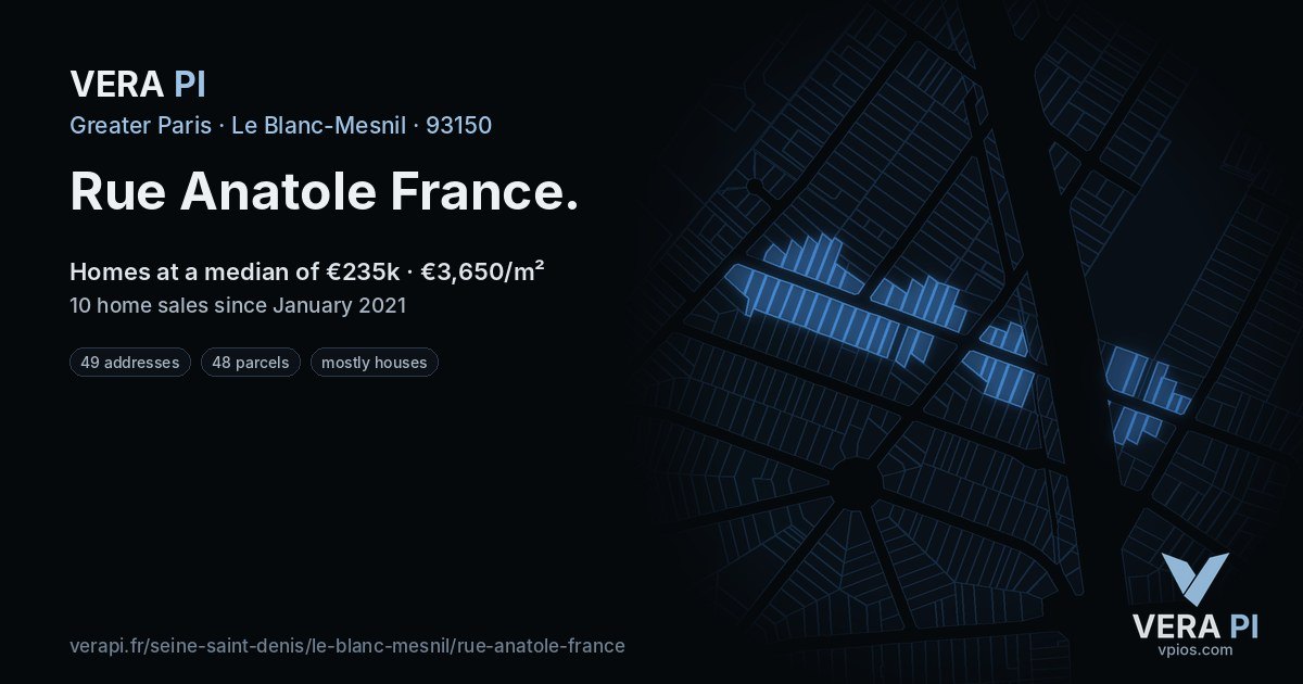 Rue Anatole France, Le Blanc-Mesnil at night – every parcel coloured by the prices around it, the street's own parcels lit