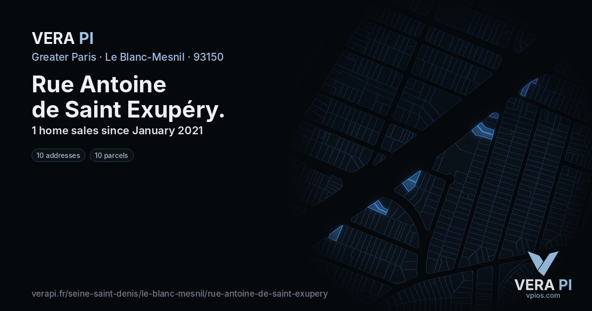 Rue Antoine de Saint Exupéry, Le Blanc-Mesnil at night – every parcel coloured by the prices around it, the street's own parcels lit