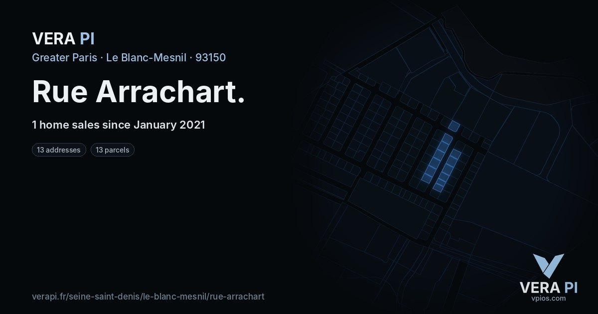 Rue Arrachart, Le Blanc-Mesnil at night – every parcel coloured by the prices around it, the street's own parcels lit