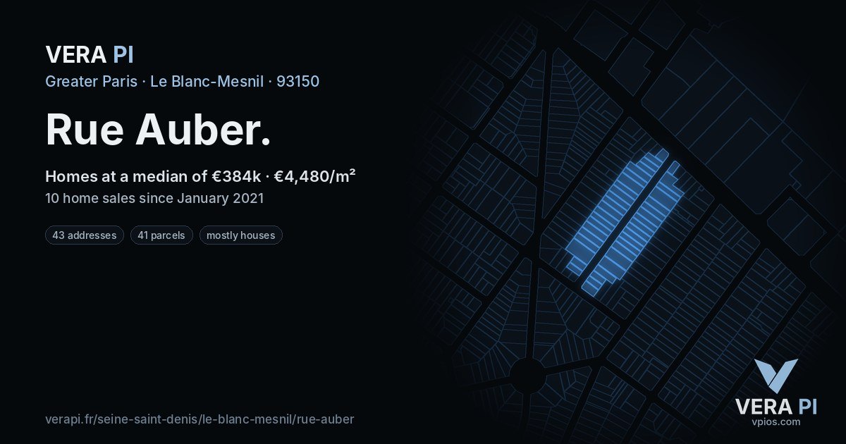 Rue Auber, Le Blanc-Mesnil at night – every parcel coloured by the prices around it, the street's own parcels lit