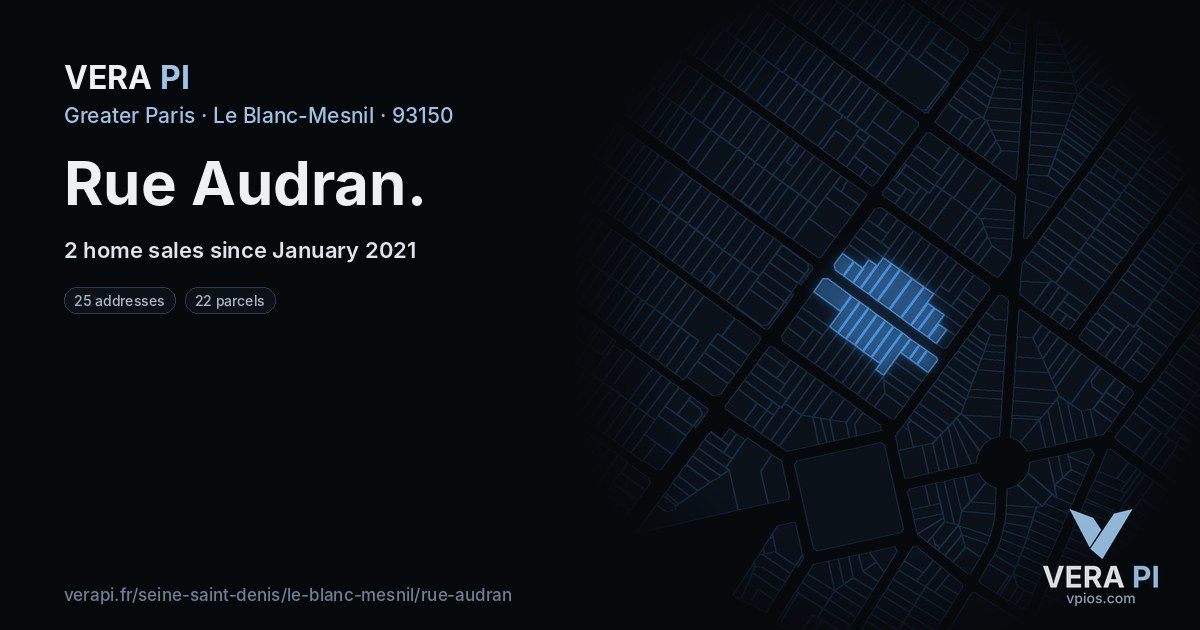 Rue Audran, Le Blanc-Mesnil at night – every parcel coloured by the prices around it, the street's own parcels lit