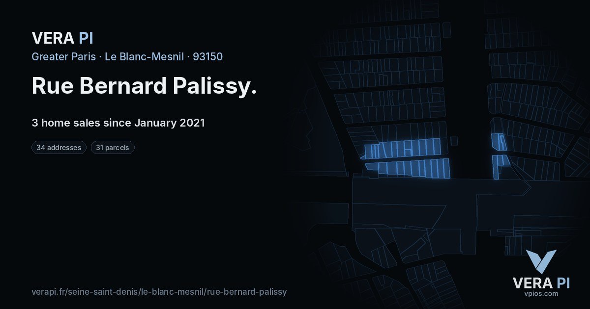 Rue Bernard Palissy, Le Blanc-Mesnil at night – every parcel coloured by the prices around it, the street's own parcels lit