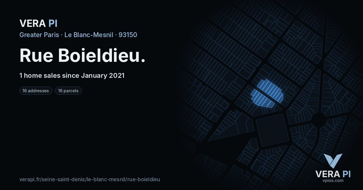 Rue Boieldieu, Le Blanc-Mesnil at night – every parcel coloured by the prices around it, the street's own parcels lit