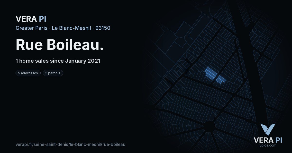 Rue Boileau, Le Blanc-Mesnil at night – every parcel coloured by the prices around it, the street's own parcels lit