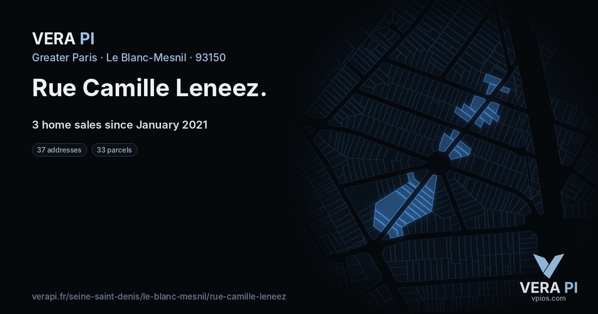 Rue Camille Leneez, Le Blanc-Mesnil at night – every parcel coloured by the prices around it, the street's own parcels lit
