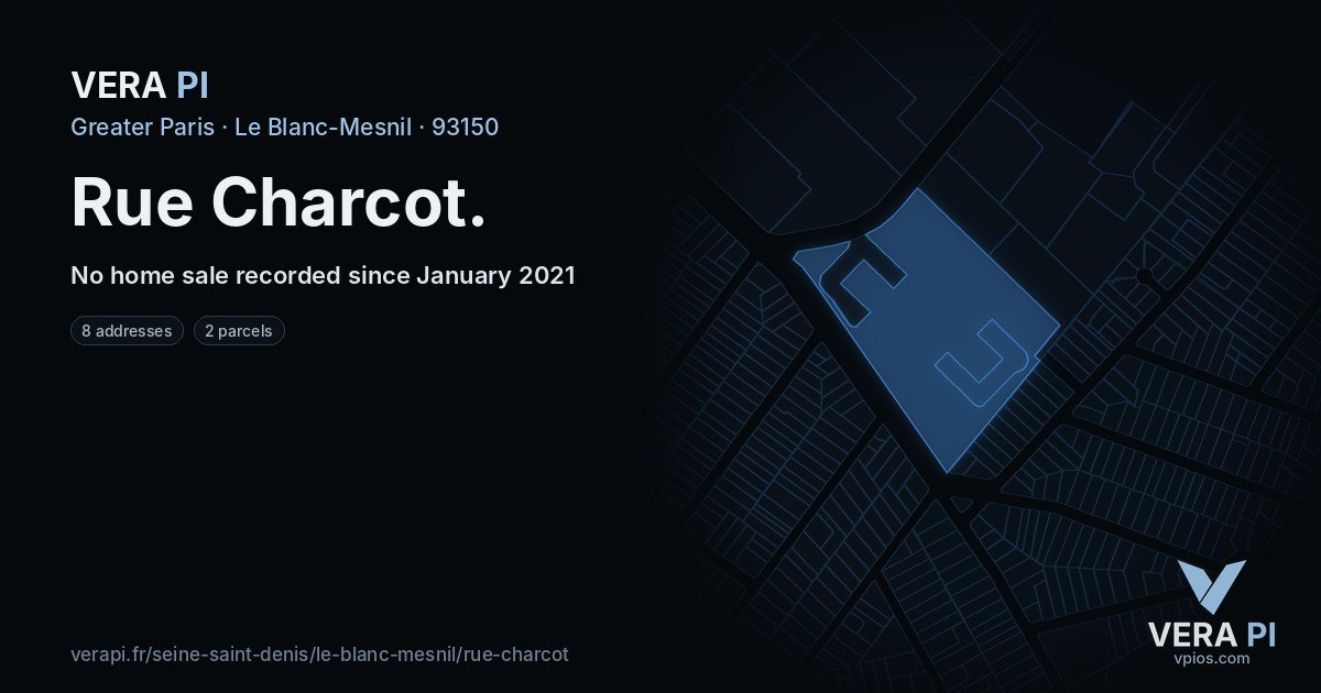 Rue Charcot, Le Blanc-Mesnil at night – every parcel coloured by the prices around it, the street's own parcels lit