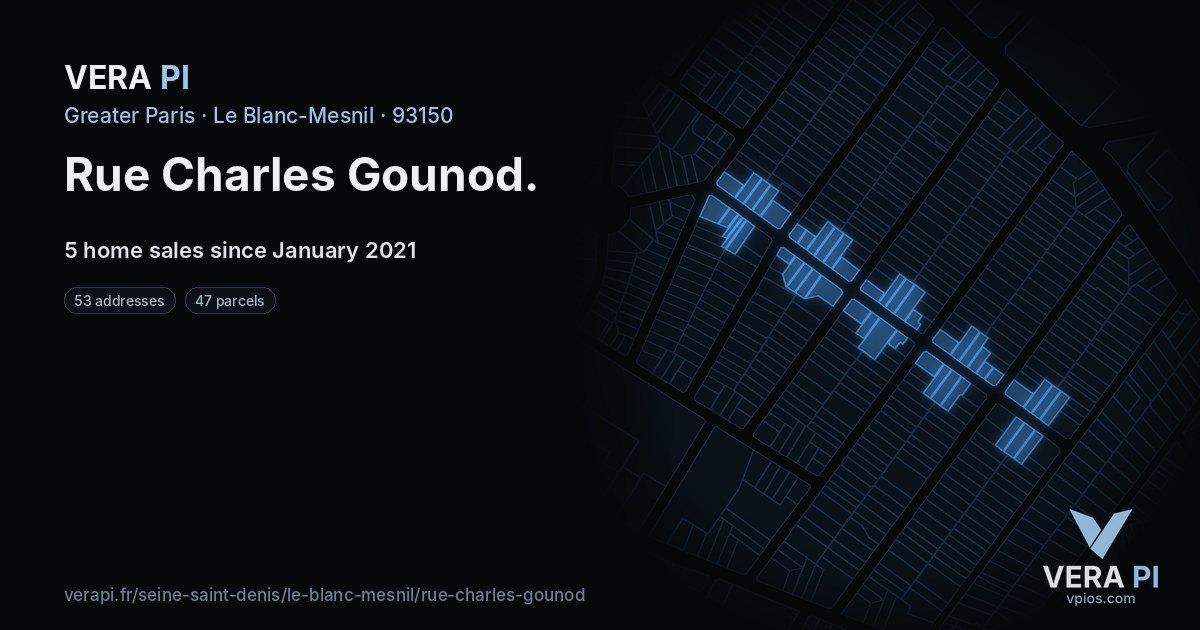 Rue Charles Gounod, Le Blanc-Mesnil at night – every parcel coloured by the prices around it, the street's own parcels lit
