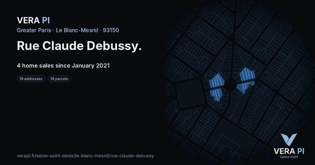 Rue Claude Debussy, Le Blanc-Mesnil at night – every parcel coloured by the prices around it, the street's own parcels lit