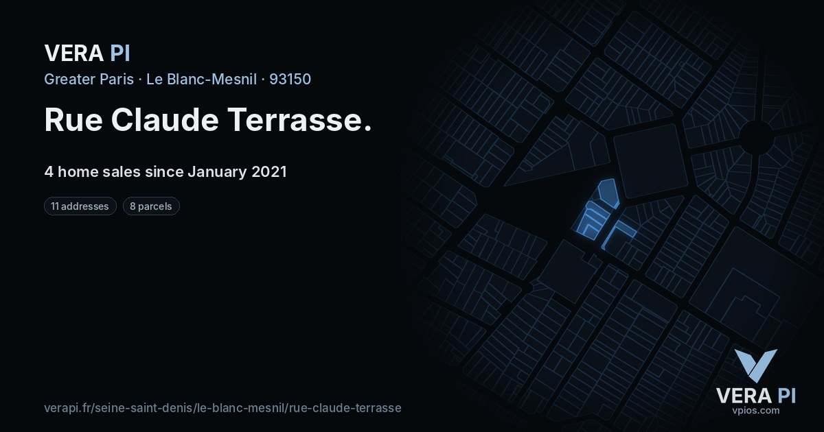Rue Claude Terrasse, Le Blanc-Mesnil at night – every parcel coloured by the prices around it, the street's own parcels lit