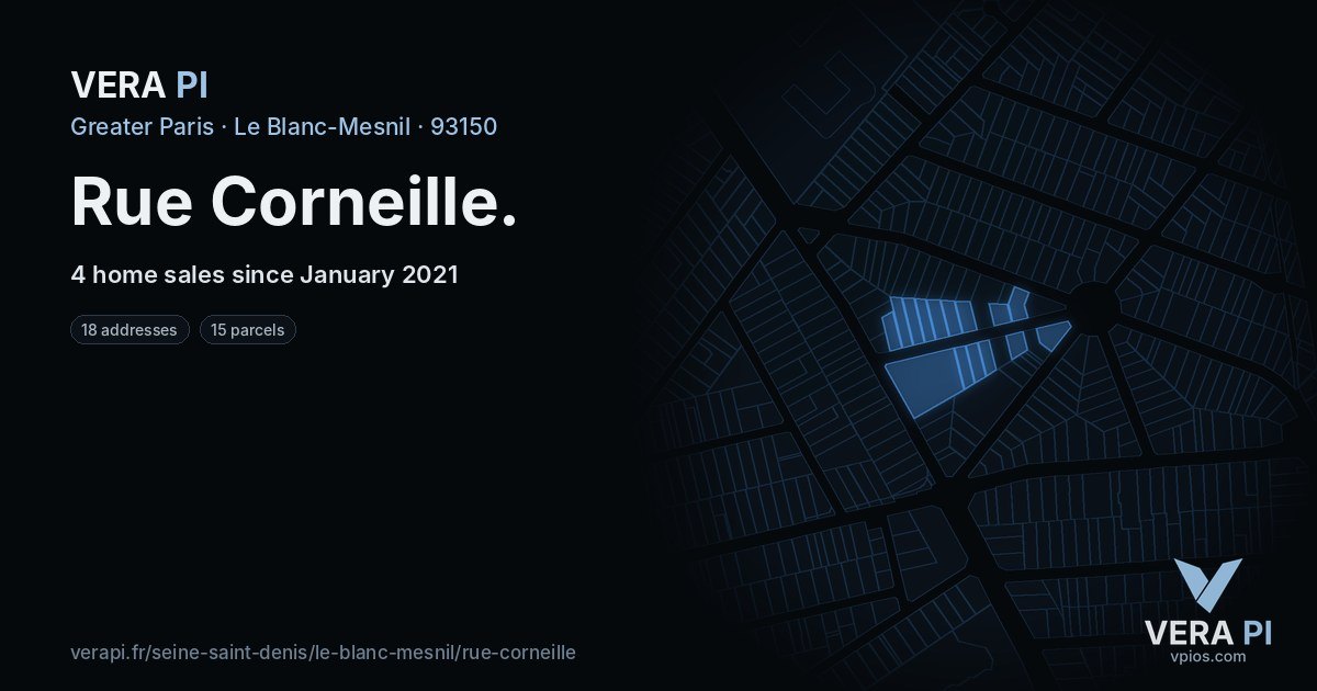 Rue Corneille, Le Blanc-Mesnil at night – every parcel coloured by the prices around it, the street's own parcels lit