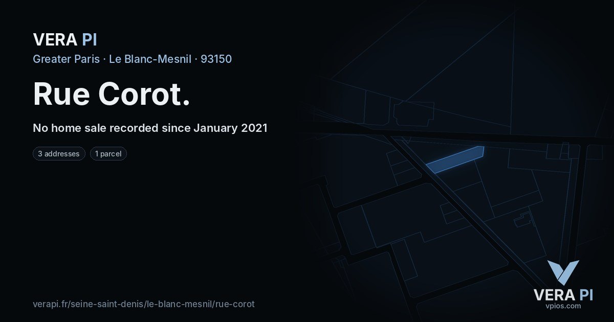 Rue Corot, Le Blanc-Mesnil at night – every parcel coloured by the prices around it, the street's own parcels lit