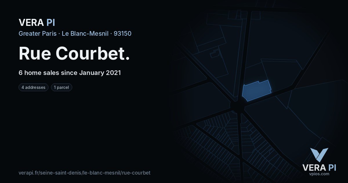 Rue Courbet, Le Blanc-Mesnil at night – every parcel coloured by the prices around it, the street's own parcels lit