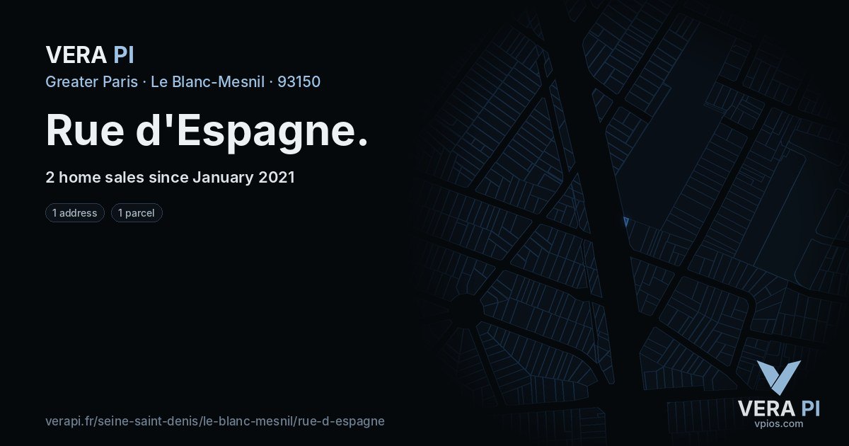 Rue d'Espagne, Le Blanc-Mesnil at night – every parcel coloured by the prices around it, the street's own parcels lit