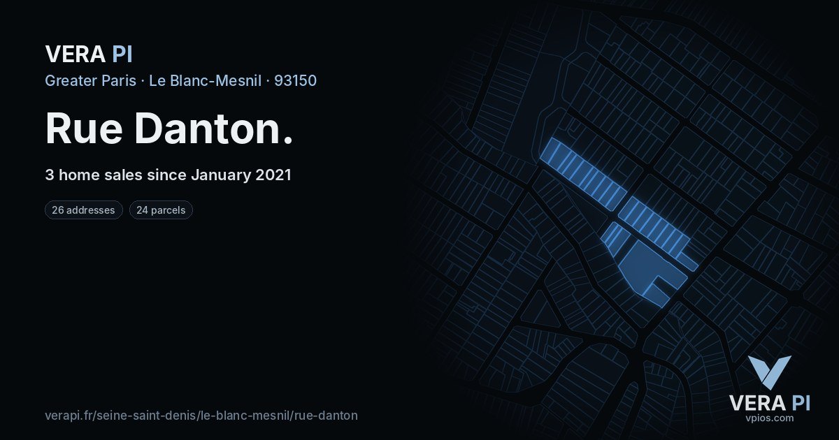 Rue Danton, Le Blanc-Mesnil at night – every parcel coloured by the prices around it, the street's own parcels lit